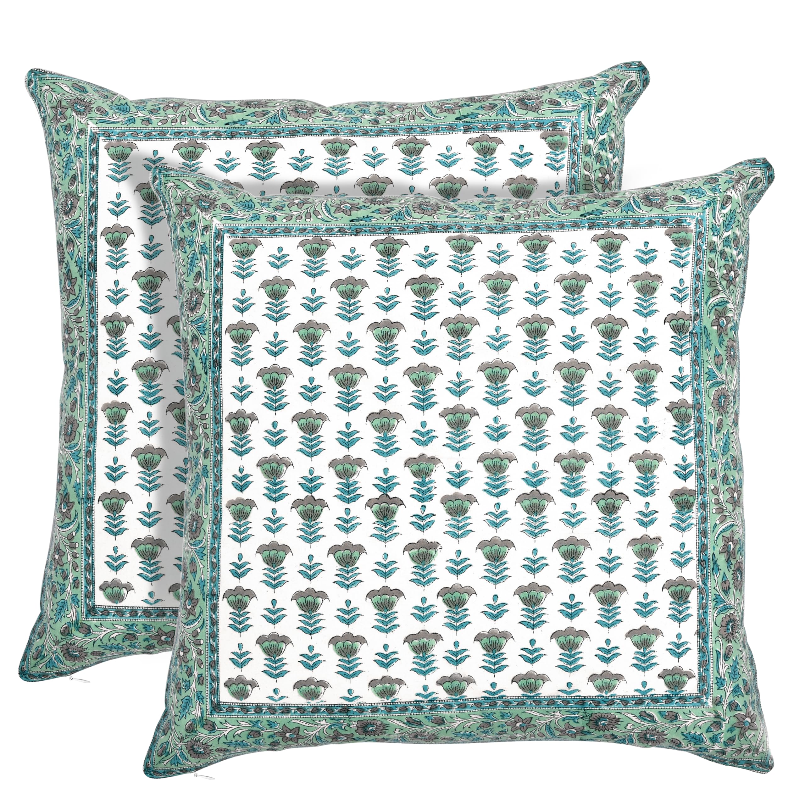 Hand Block Print Cotton Throw Pillow Cover - Aquamarine Blue