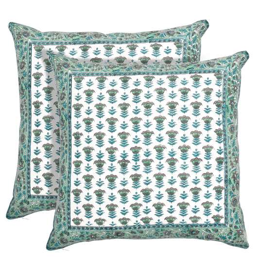 Hand Block Print Cotton Throw Pillow Cover - Aquamarine Blue