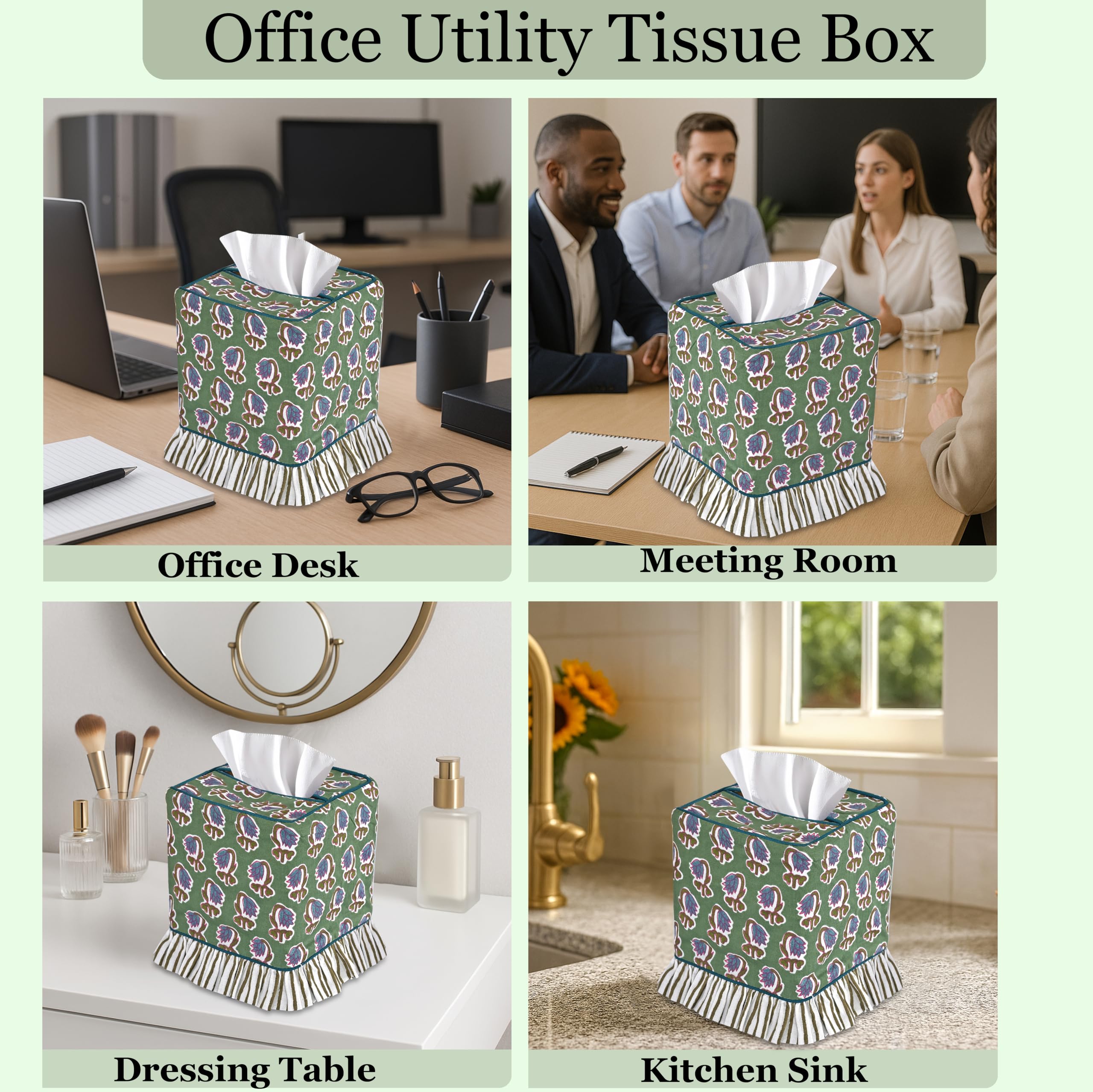 Hand Block Print Cotton Tissue Box Cover - Basil Green