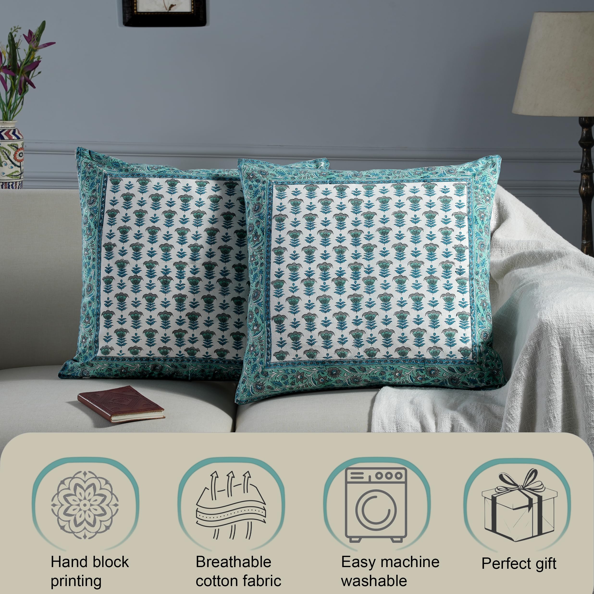 Hand Block Print Cotton Throw Pillow Cover - Aquamarine Blue