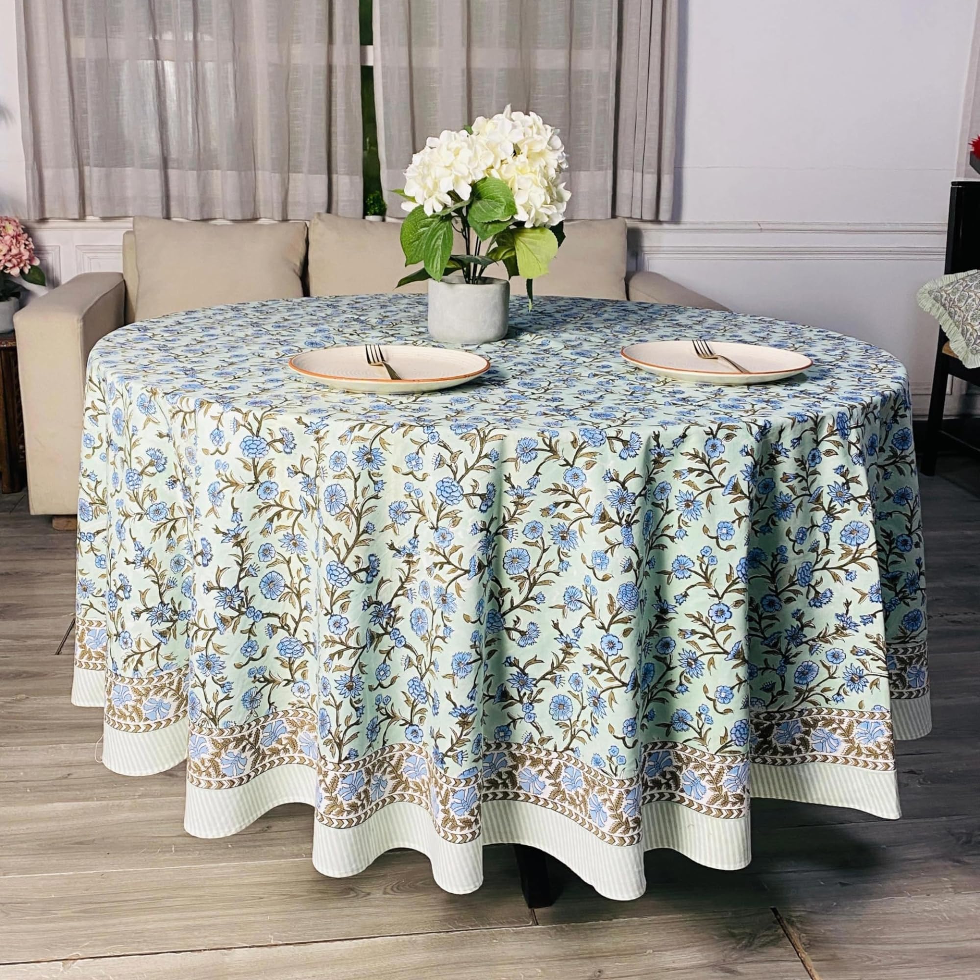 Hand Block Print Cotton Tablecloth - Laurel & Army Green