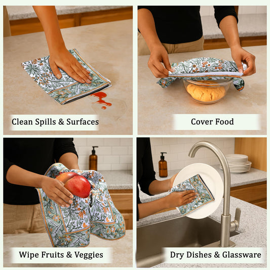 Hand Block Print Cotton Kitchen Towel - Goldenrod Yellow