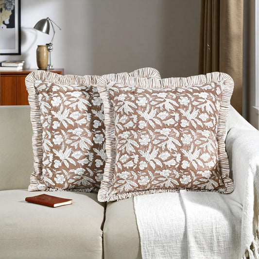 Hand Block Print Cotton Throw Pillow Cover - Oak Brown