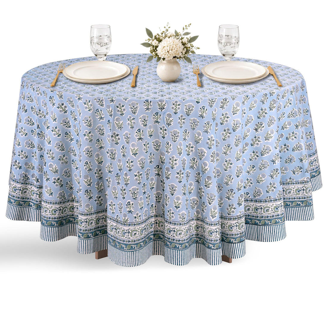 Ridhi harbor blue hand block print round cotton tablecloth