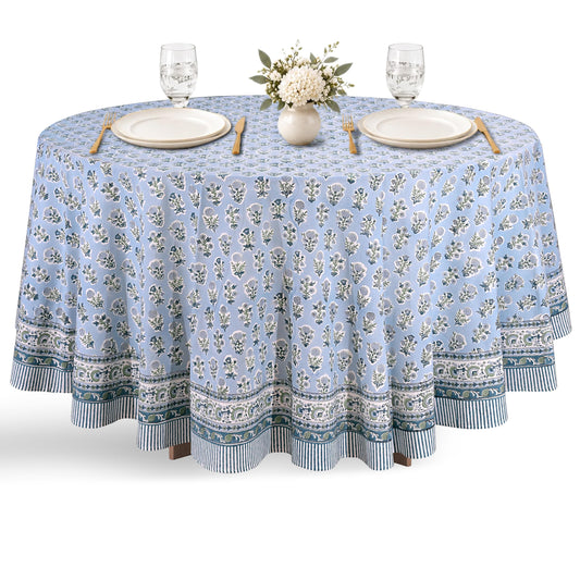 Ridhi harbor blue hand block print round cotton tablecloth