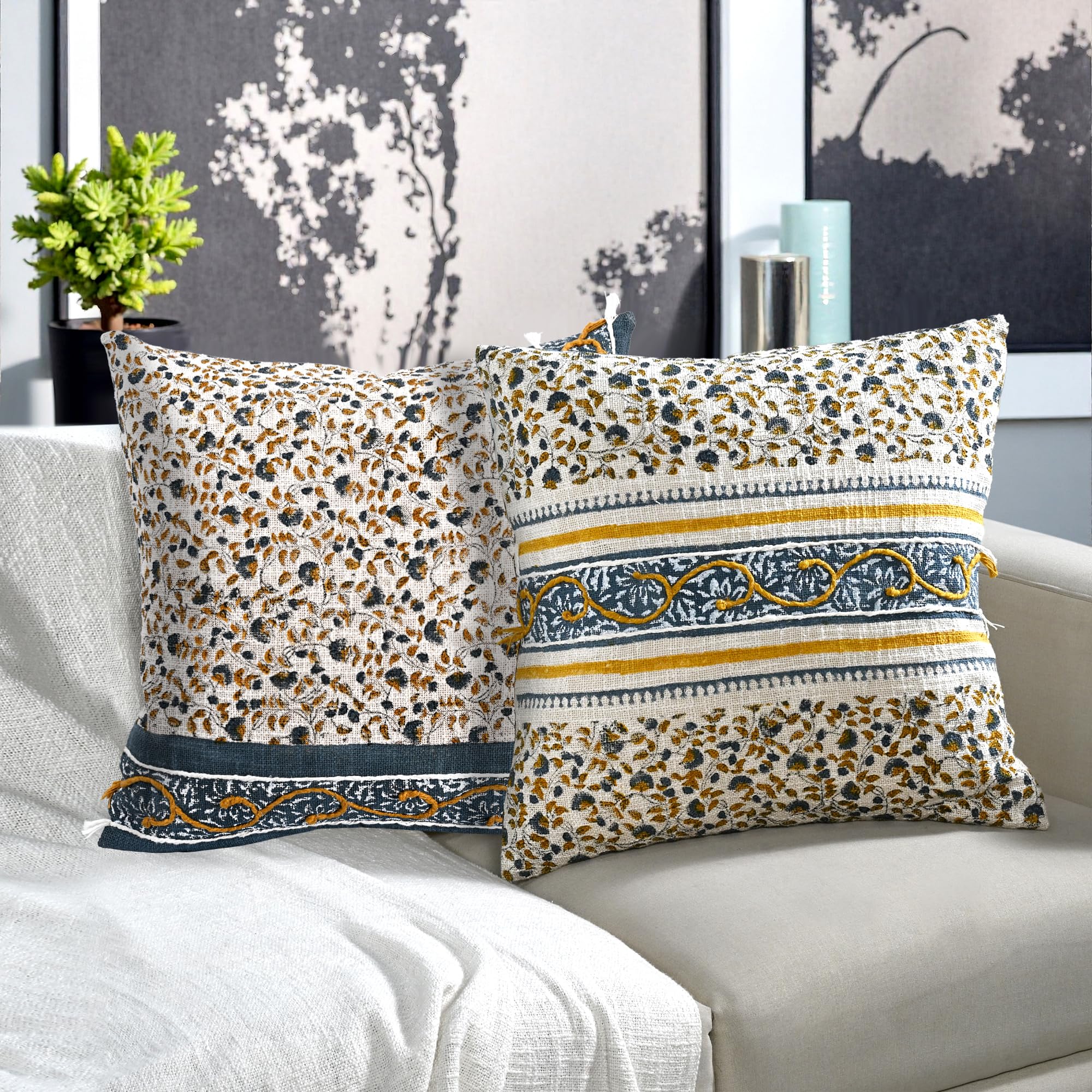 Hand Block Print Cotton Throw Pillow Cover - Amalfi Coast European