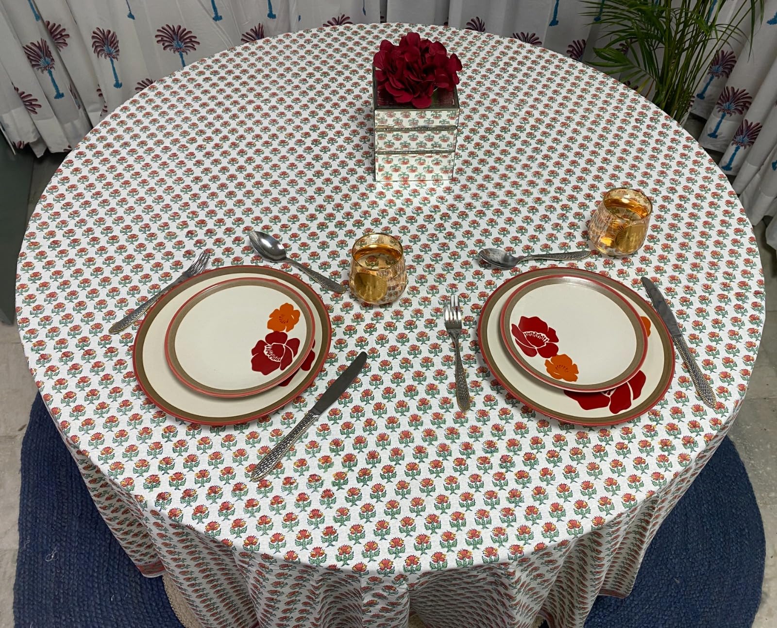 Hand Block Print Cotton Tablecloth - Meca Orange