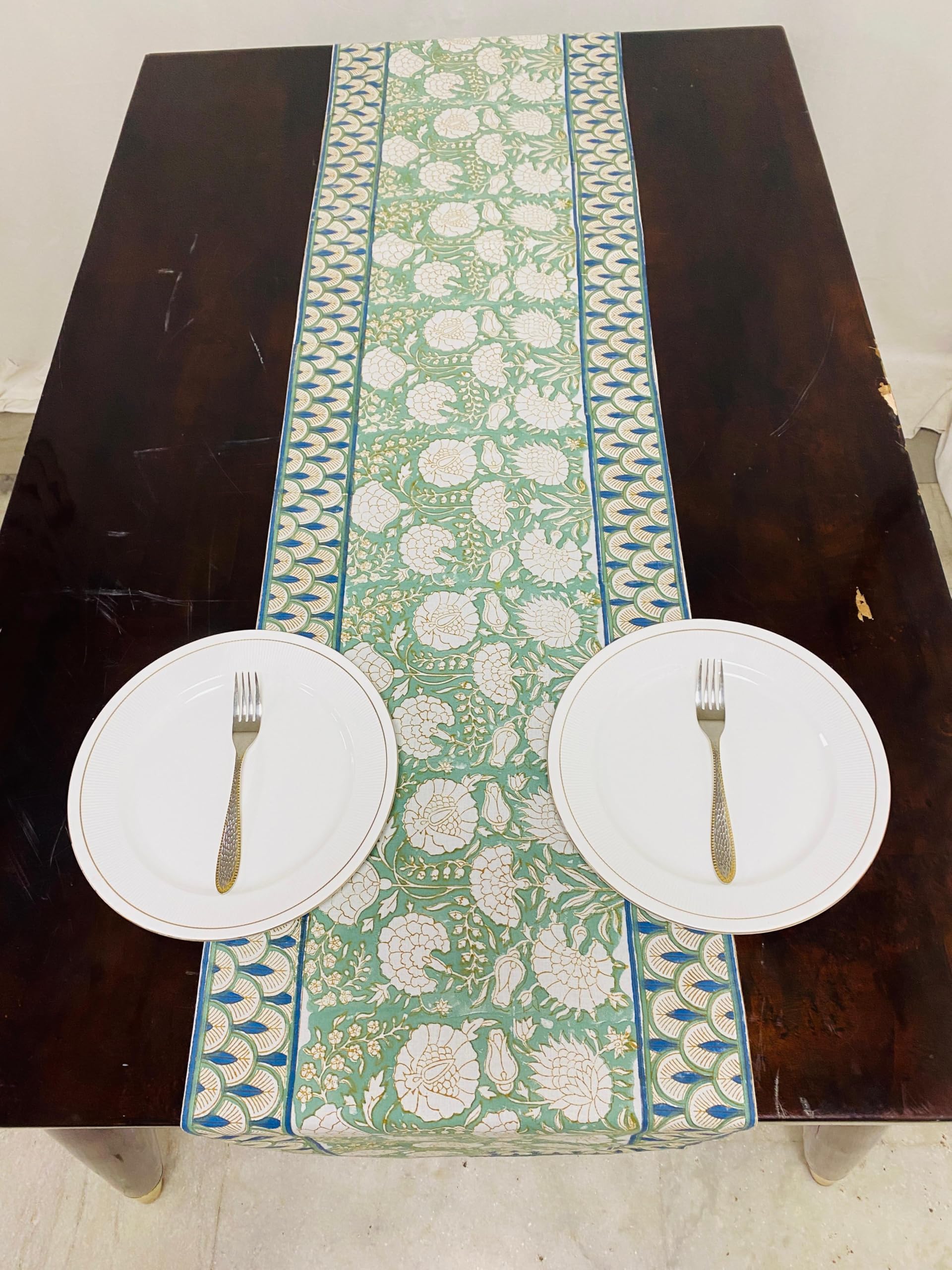 Hand Block Print Cotton Table Runner - Moss Green