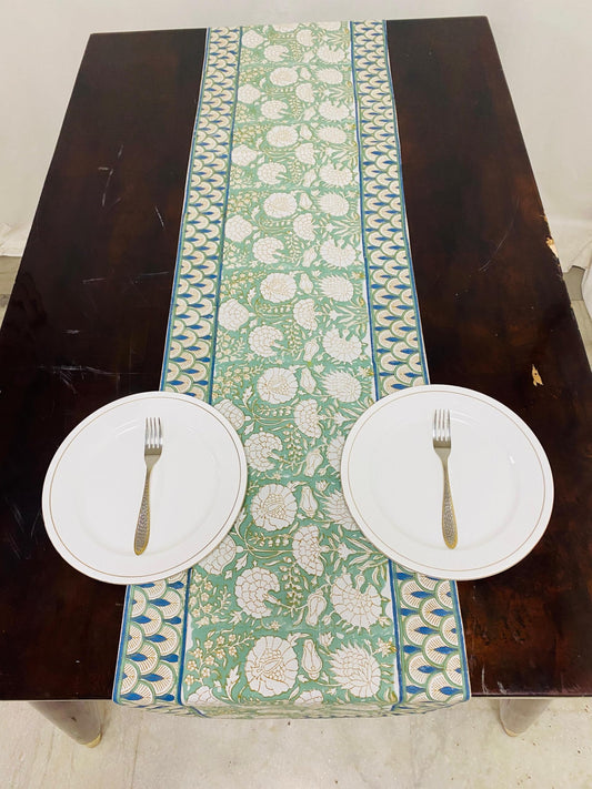 Hand Block Print Cotton Table Runner - Moss Green
