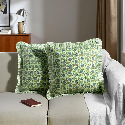Hand Block Print Cotton Throw Pillow Cover - Apple Green Floral