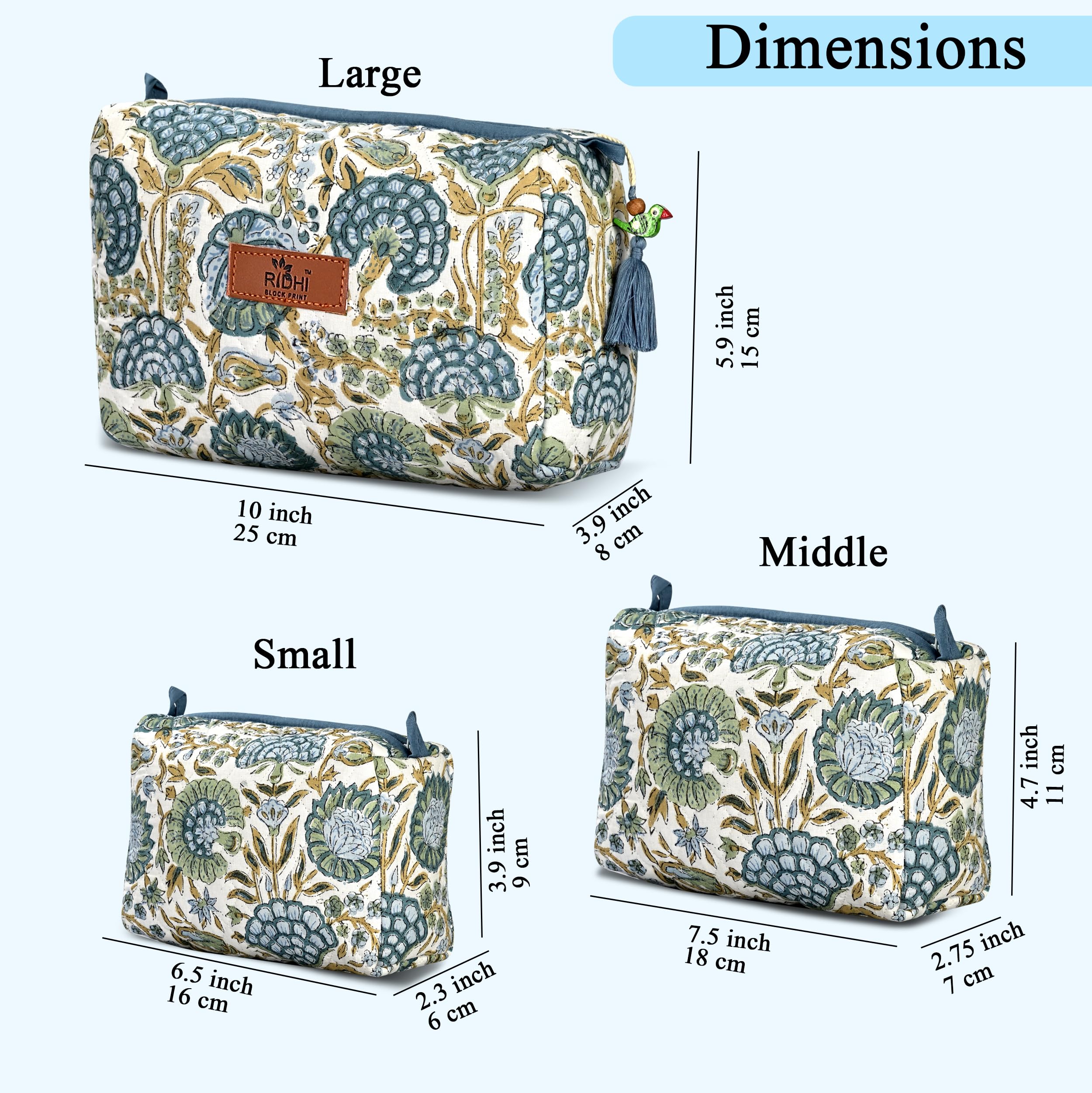 Hand Block Print Cotton Cosmetic Bag - Asparagus Green
