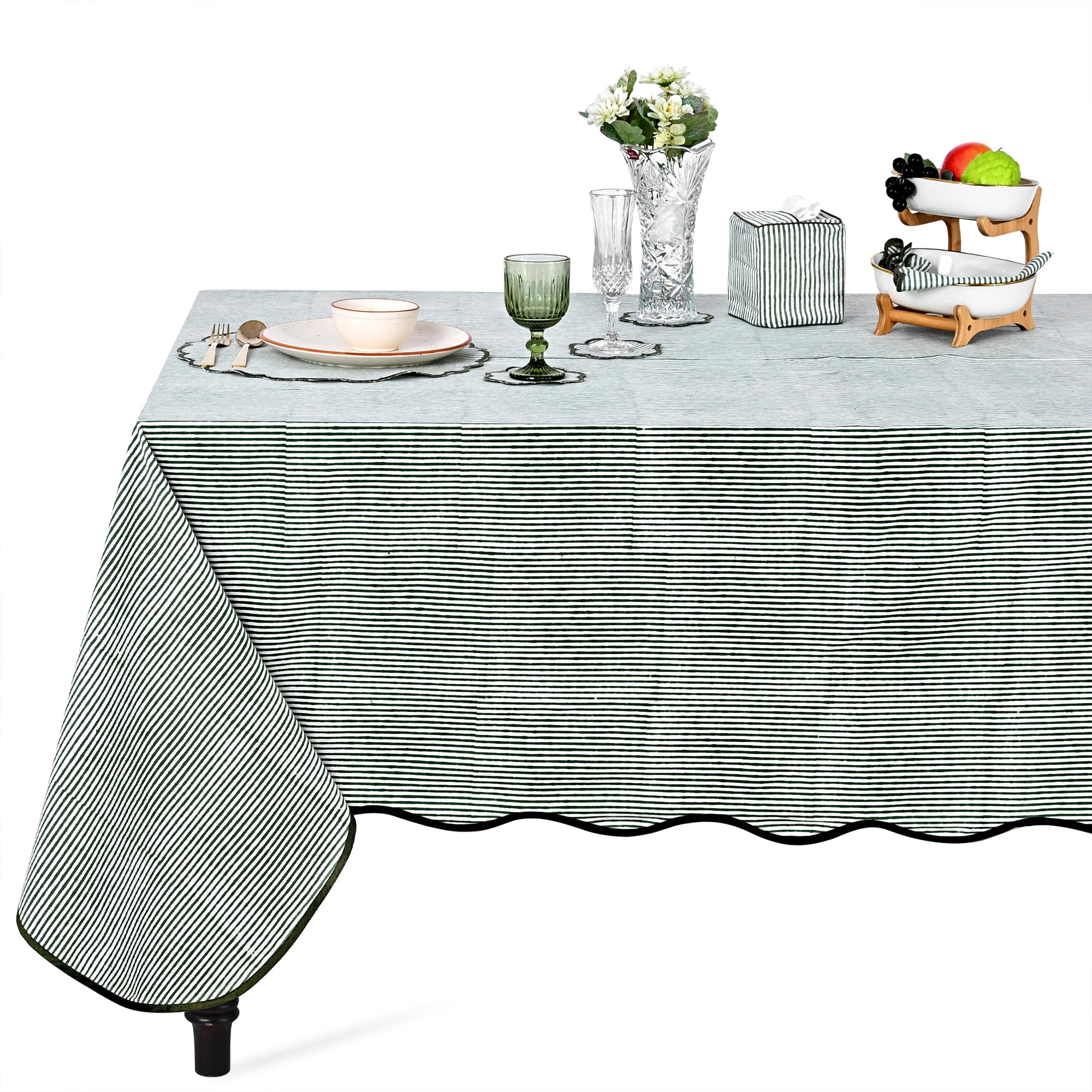 Hand Block Print Cotton Tablecloth - Forest Green Stripe