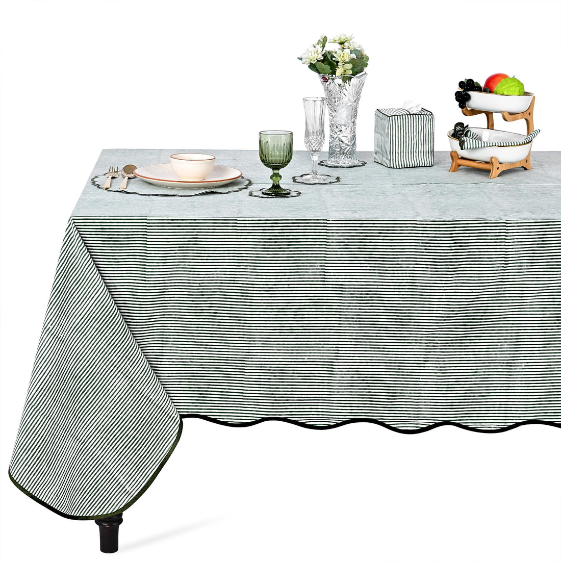 Hand Block Print Cotton Tablecloth - Forest Green Stripe