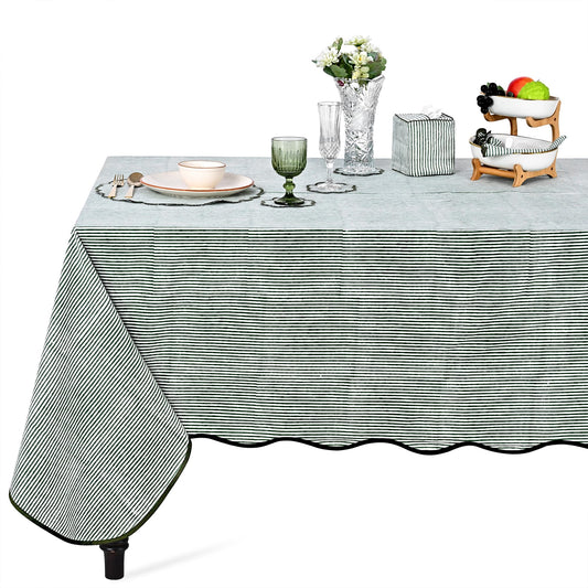 Hand Block Print Cotton Tablecloth - Forest Green Stripe