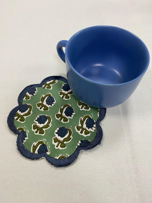 Hand Block Print Cotton Drink Coaster - Basil Green