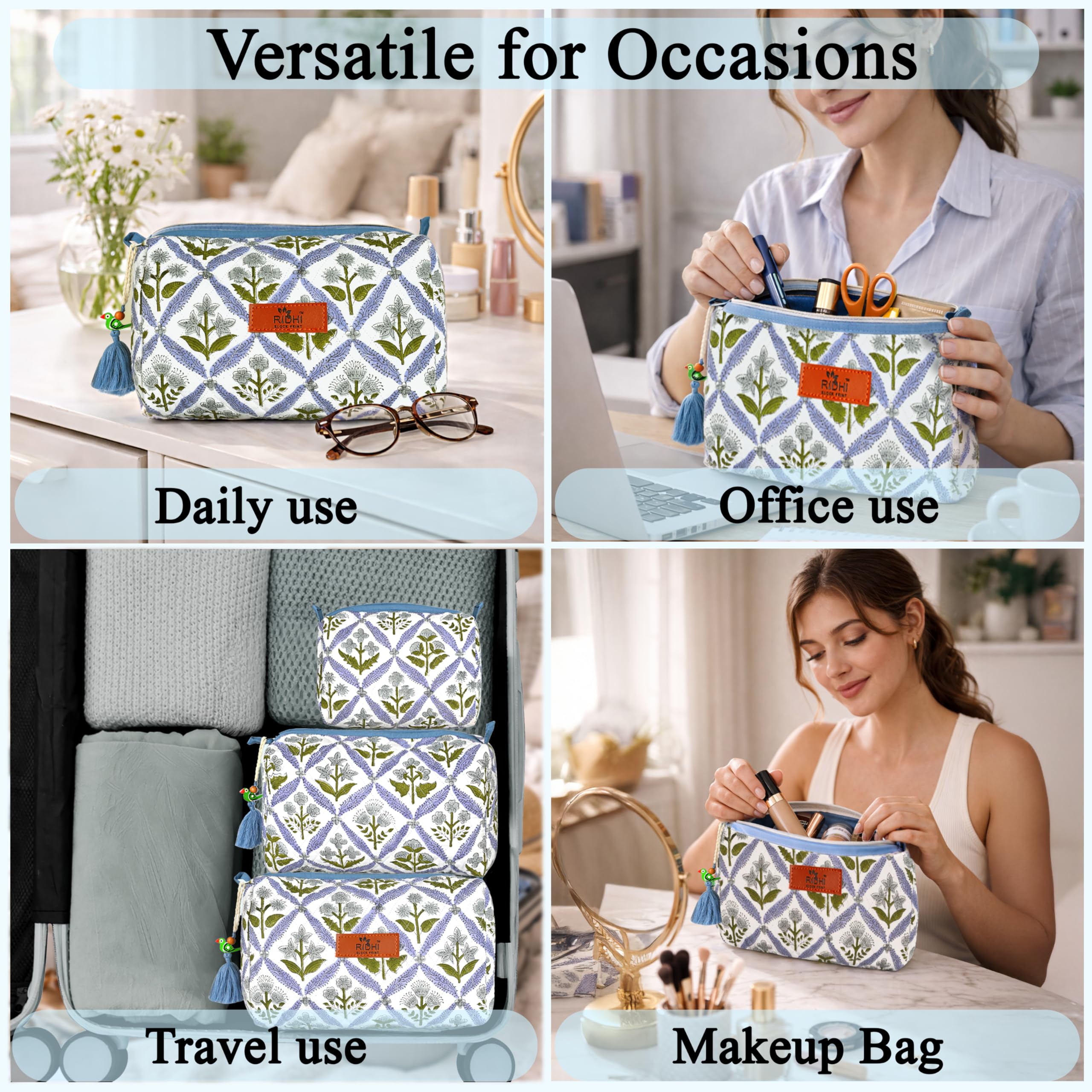 Hand Block Print Cotton Cosmetic Bag - Light Steel Blue