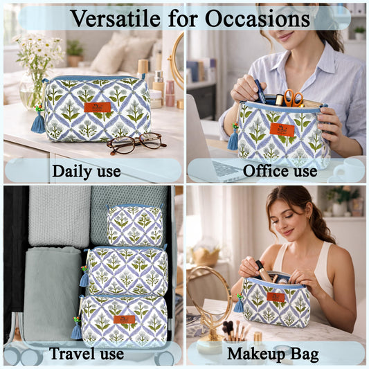 Hand Block Print Cotton Cosmetic Bag - Light Steel Blue