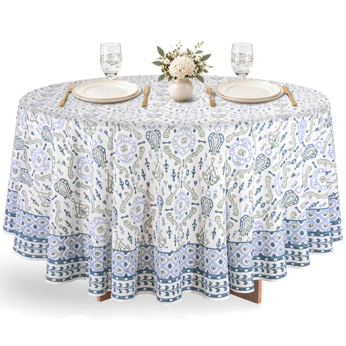 Coastal Ikat Blue & Sage Green Round Tablecloth