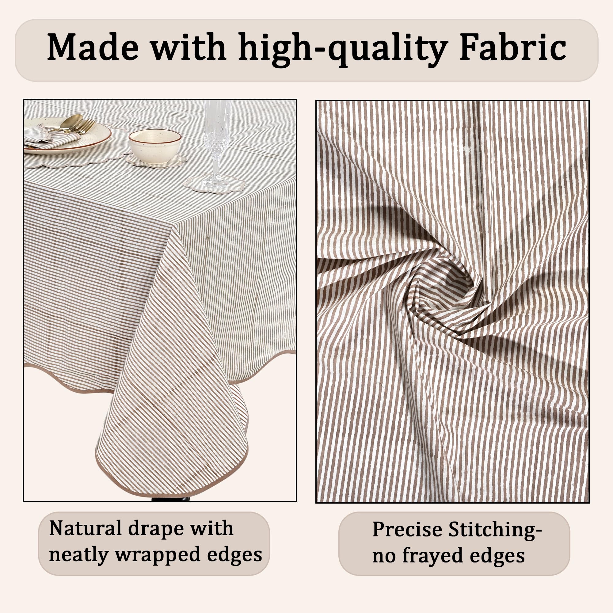 Hand Block Print Cotton Tablecloth - Oatmeal Brown Stripe