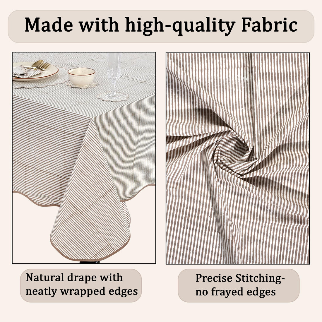 Hand Block Print Cotton Tablecloth - Oatmeal Brown Stripe
