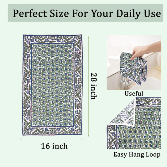 Hand Block Print Cotton Kitchen Towel - Basil Green