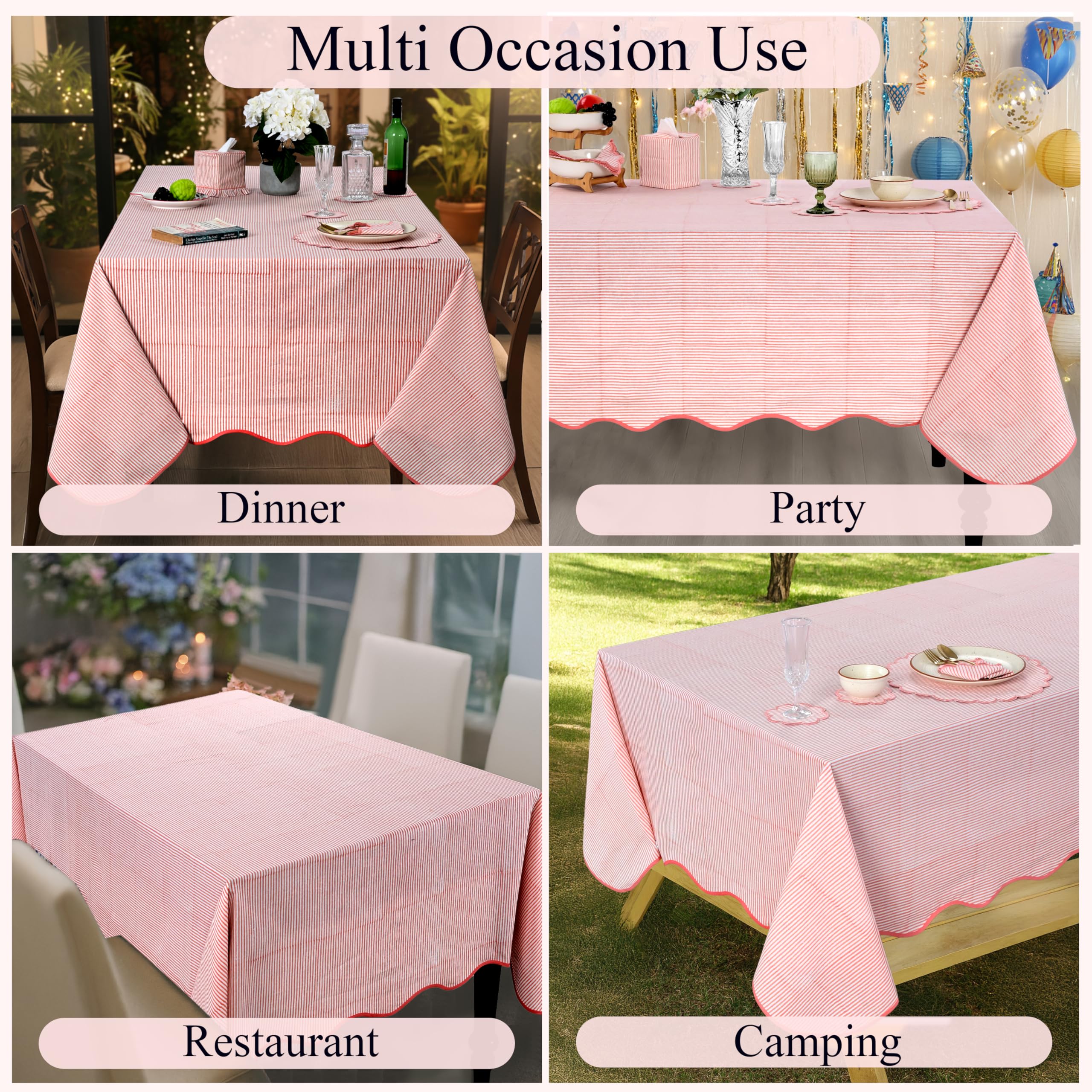Hand Block Print Cotton Tablecloth - Blush Coral Stripe