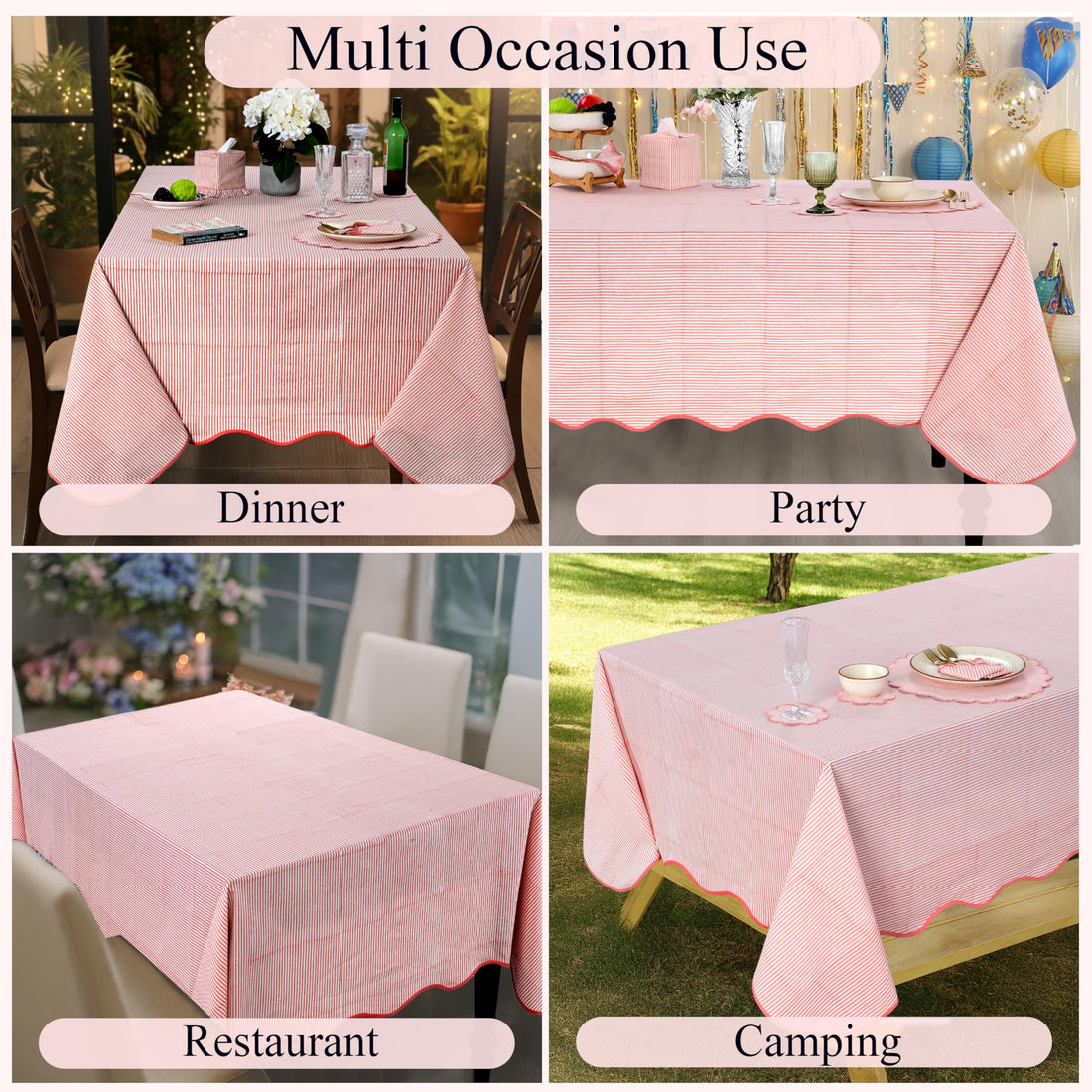 Hand Block Print Cotton Tablecloth - Blush Coral Stripe