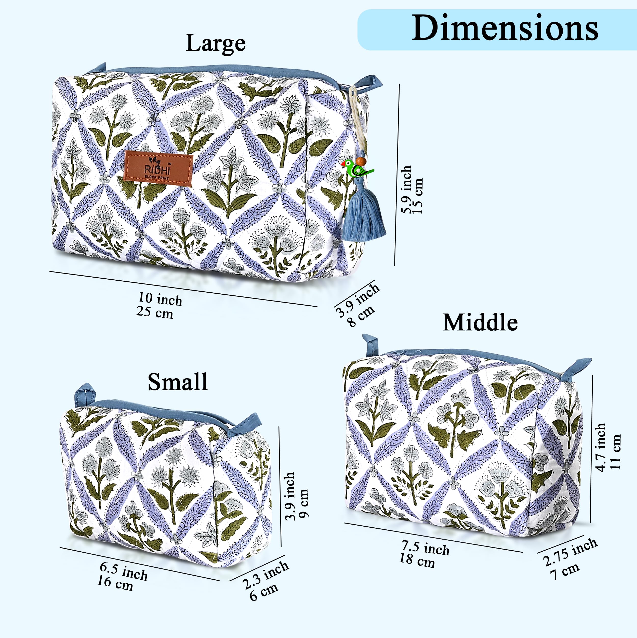 Hand Block Print Cotton Cosmetic Bag - Light Steel Blue