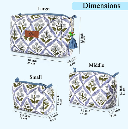 Hand Block Print Cotton Cosmetic Bag - Light Steel Blue