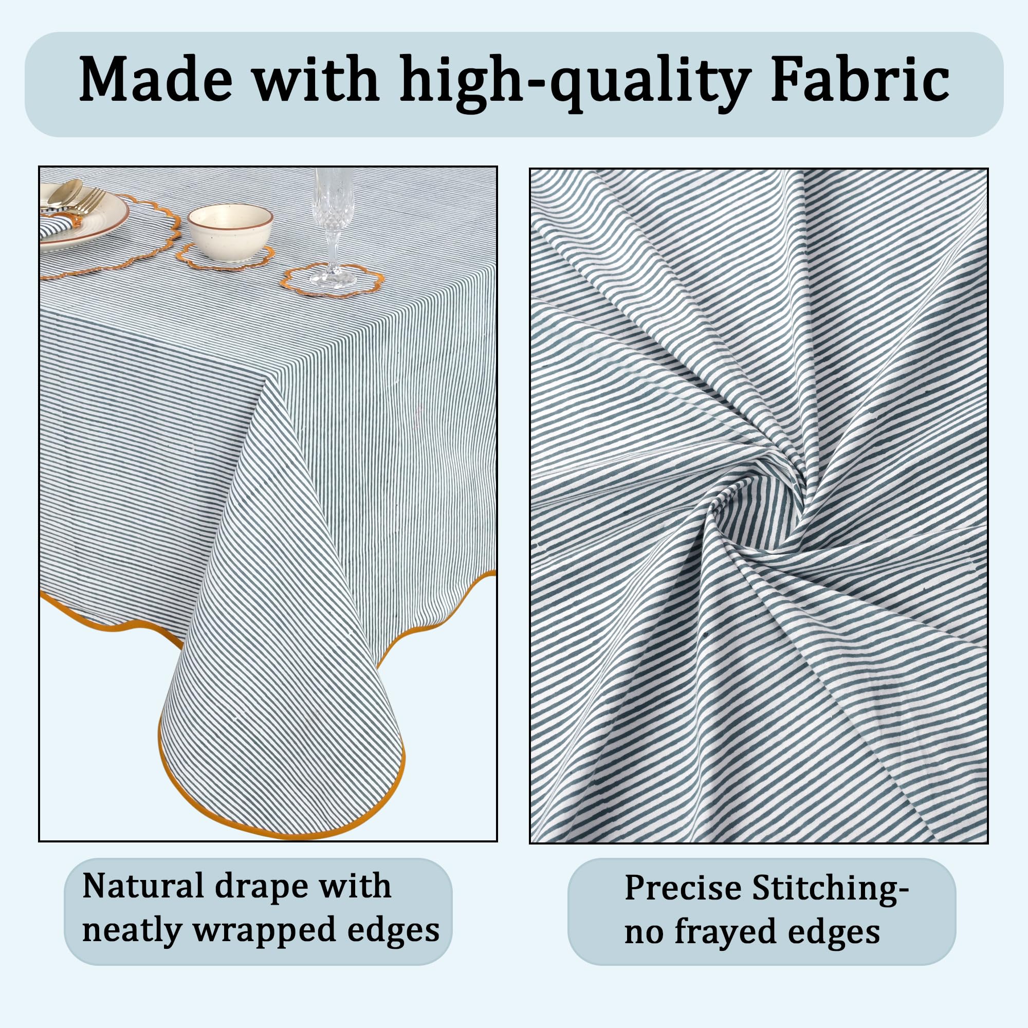 Hand Block Print Cotton Tablecloth - Slate Blue Stripe