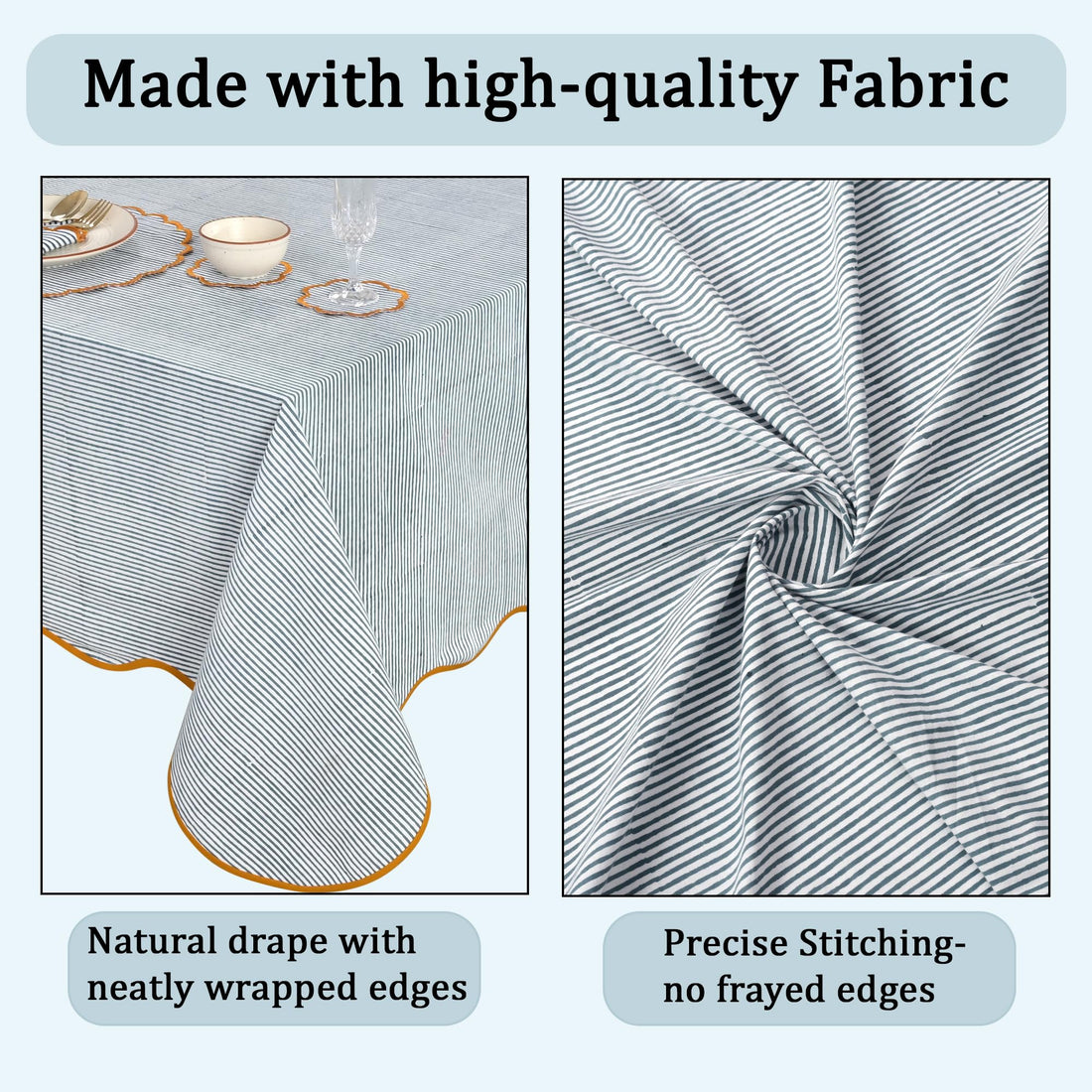Hand Block Print Cotton Tablecloth - Slate Blue Stripe
