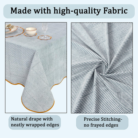 Hand Block Print Cotton Tablecloth - Slate Blue Stripe