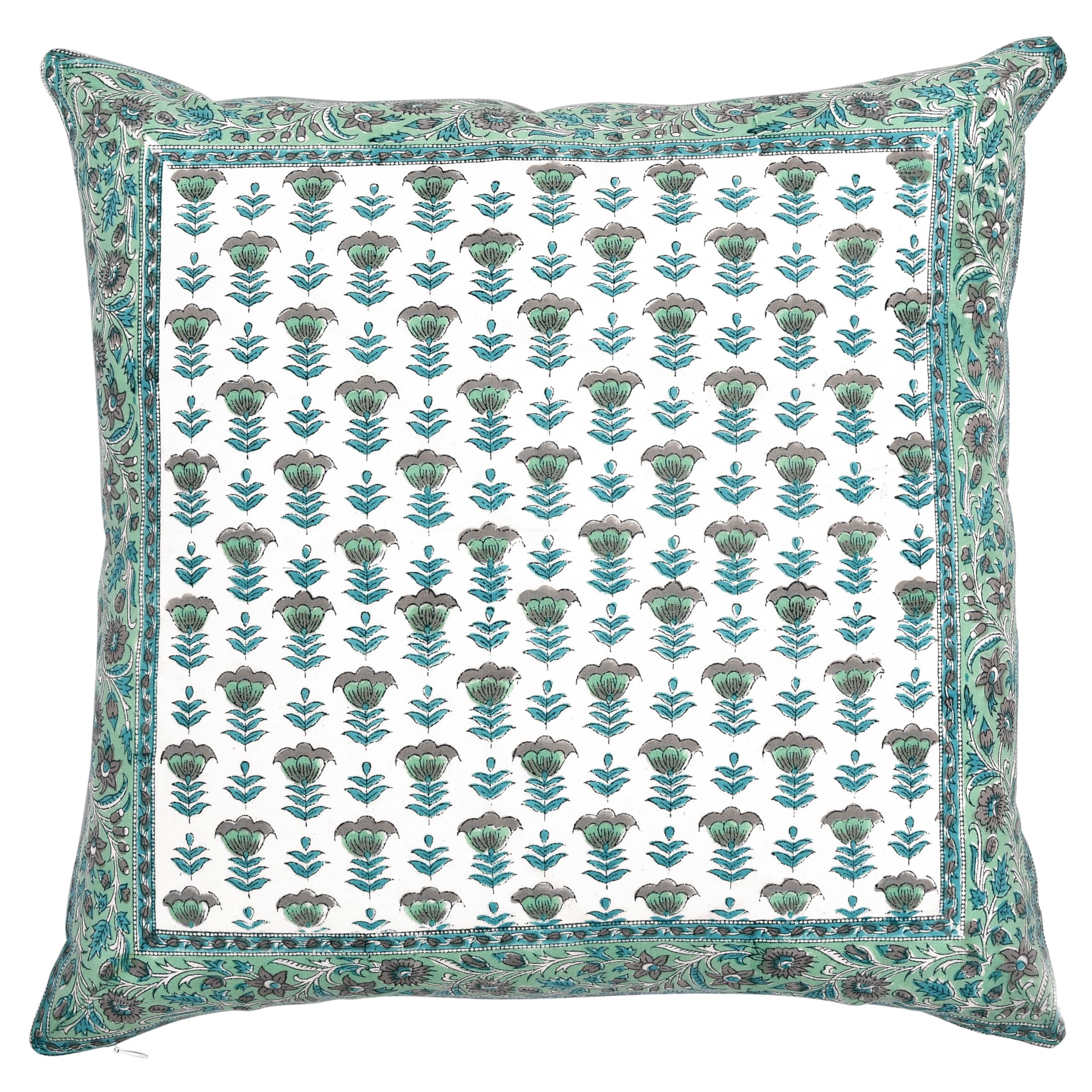 Hand Block Print Cotton Throw Pillow Cover - Aquamarine Blue