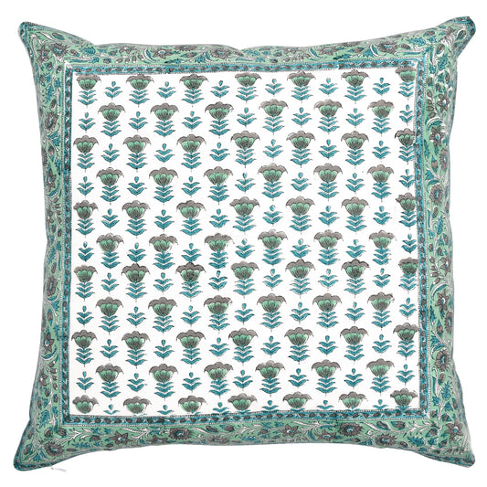 Hand Block Print Cotton Throw Pillow Cover - Aquamarine Blue