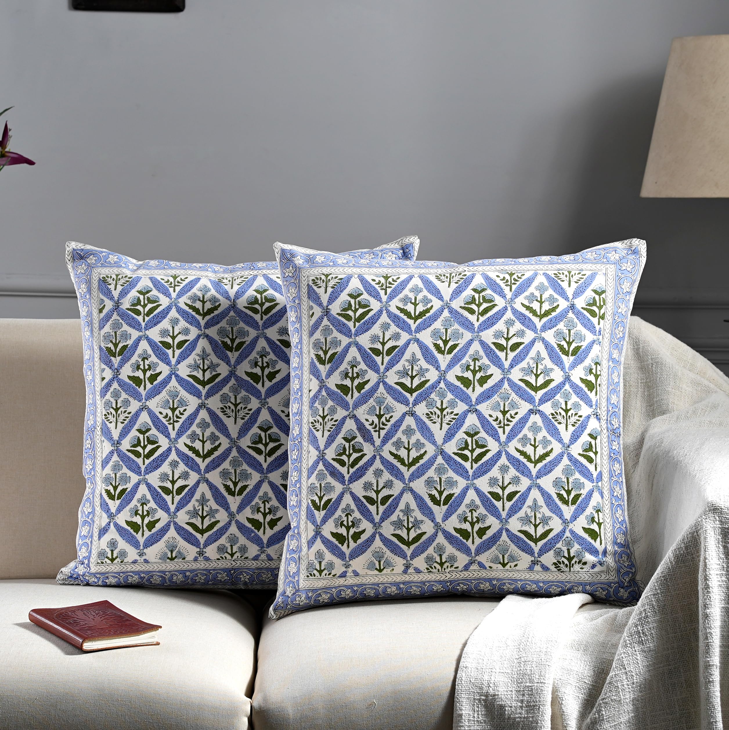 Hand Block Print Cotton Throw Pillow Cover - Light Steel Blue