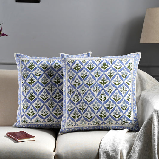 Hand Block Print Cotton Throw Pillow Cover - Light Steel Blue