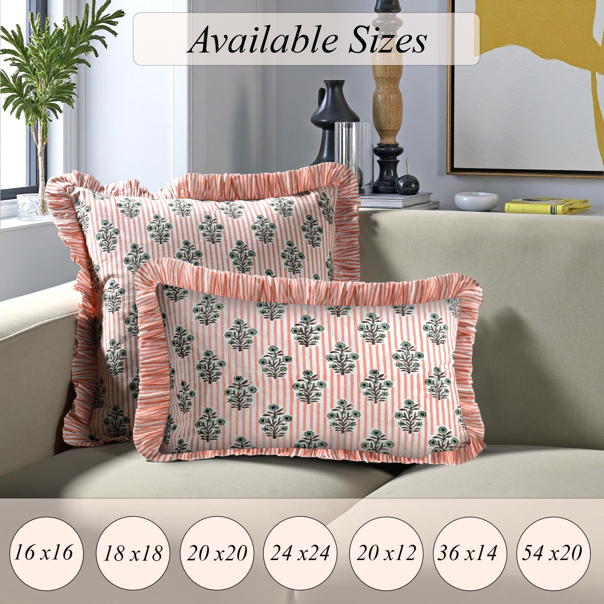 Hand Block Print Cotton Throw Pillow Cover - Salmon Blossom