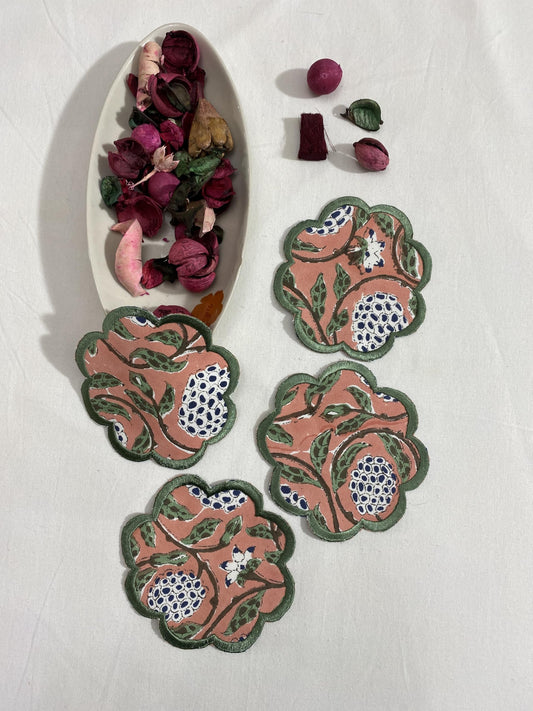 Hand Block Print Cotton Drink Coaster - Dark Salmon Pink
