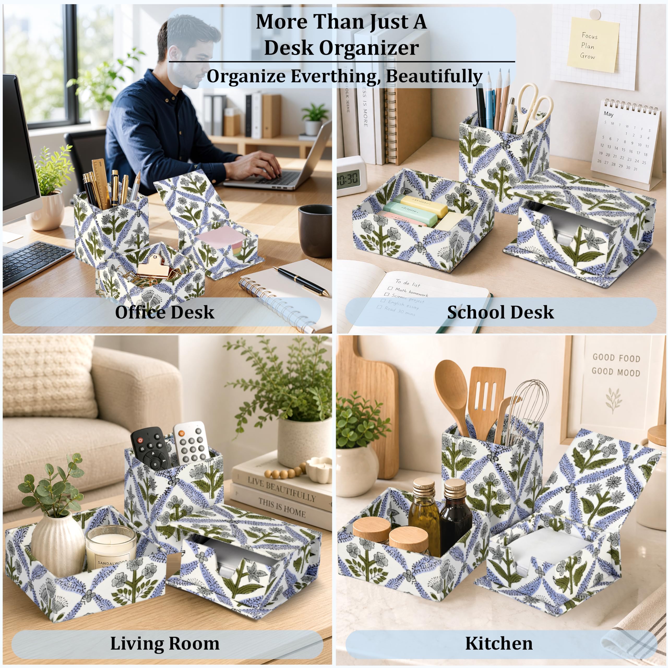 Hand Block Print Cotton Desk Organizer - Light Steel Blue