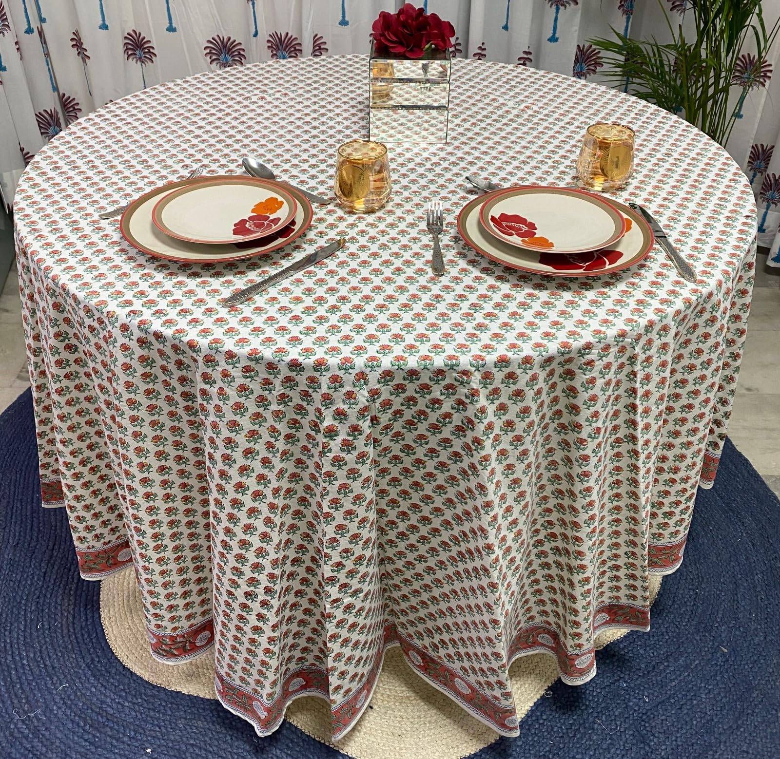 Hand Block Print Cotton Tablecloth - Meca Orange