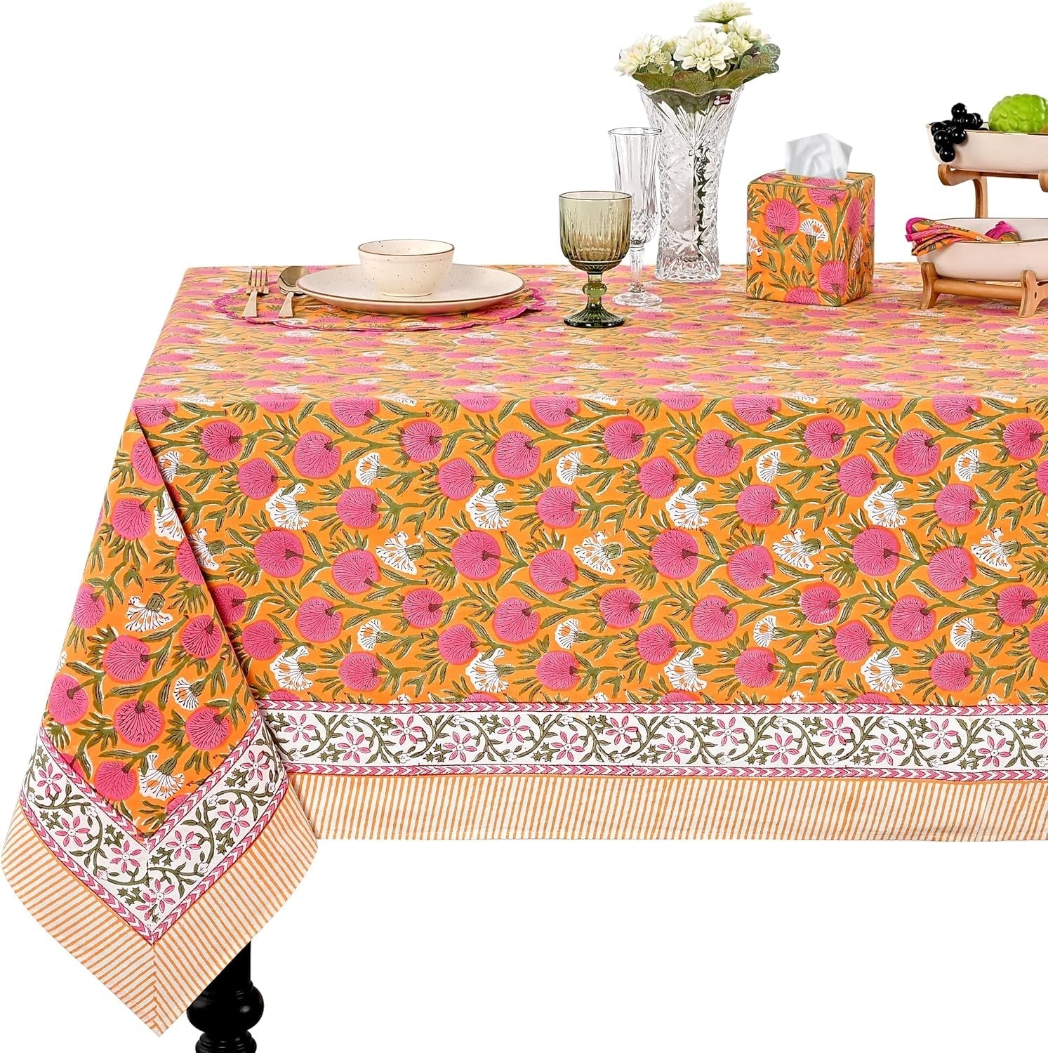 Bubblegum Pink Square & Rectangle Tablecloth Ridhi Block Print