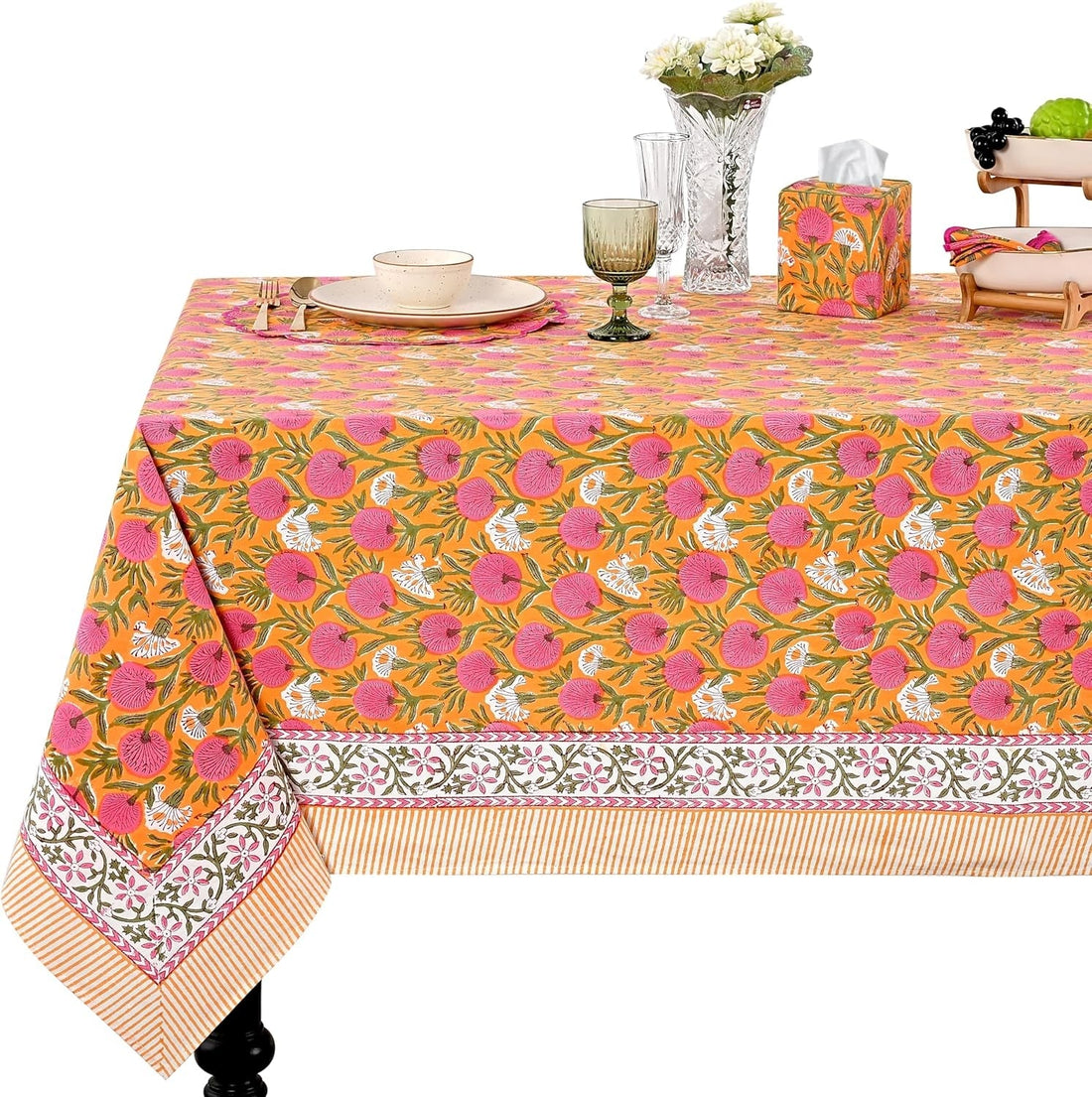 Bubblegum Pink Square & Rectangle Tablecloth Ridhi Block Print