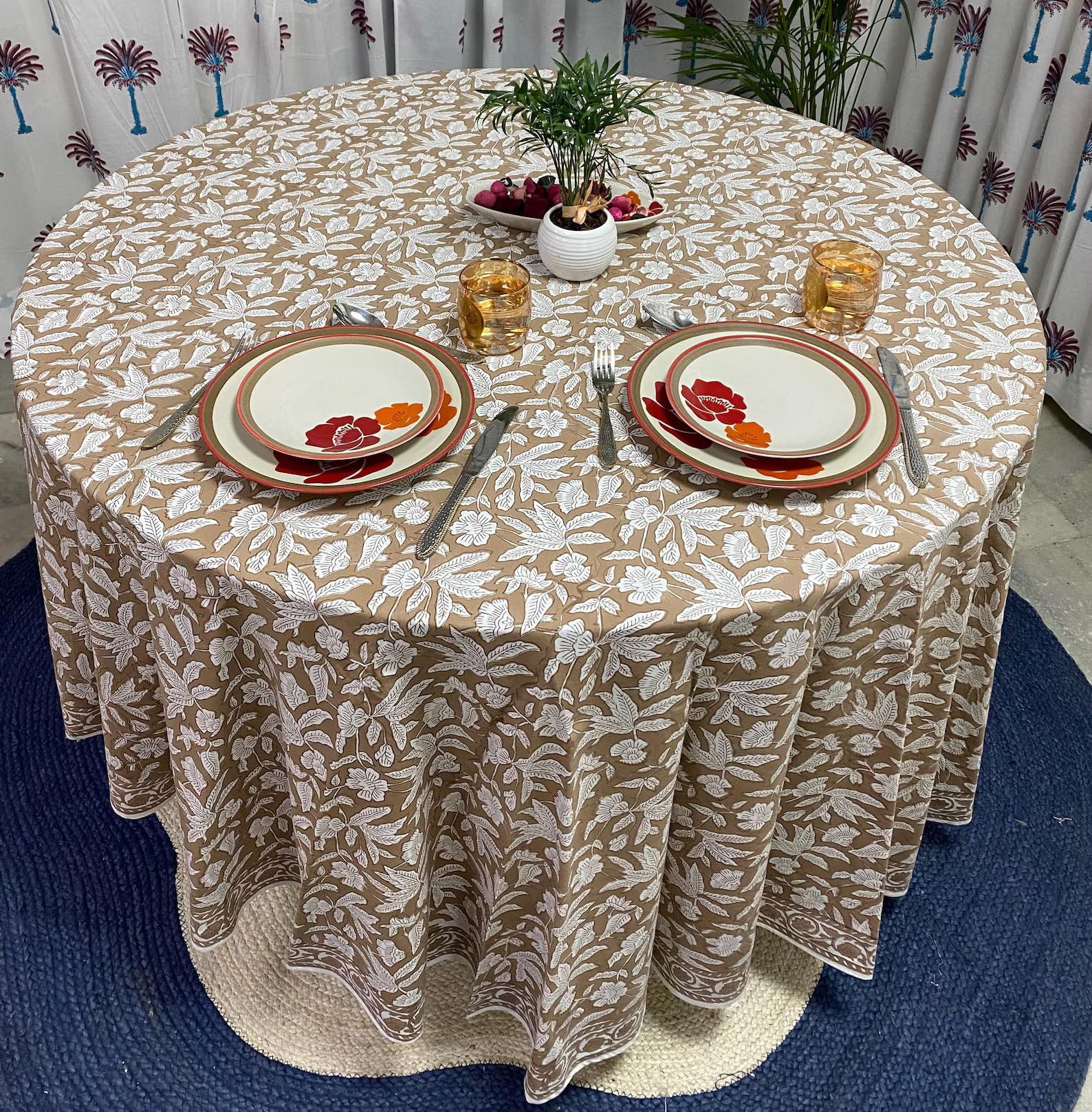 Hand Block Print Cotton Tablecloth - Oak Brown