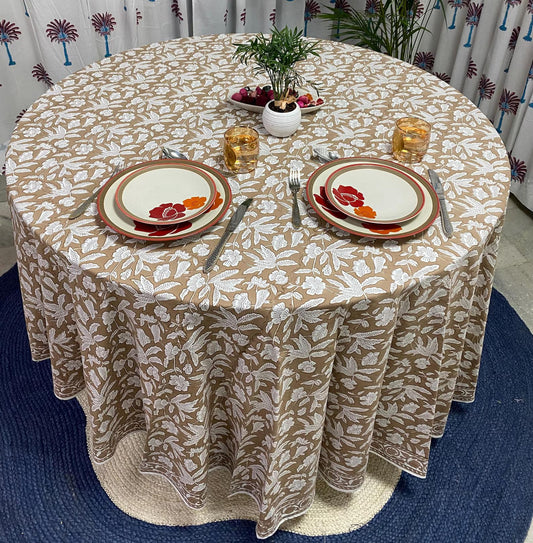 Hand Block Print Cotton Tablecloth - Oak Brown