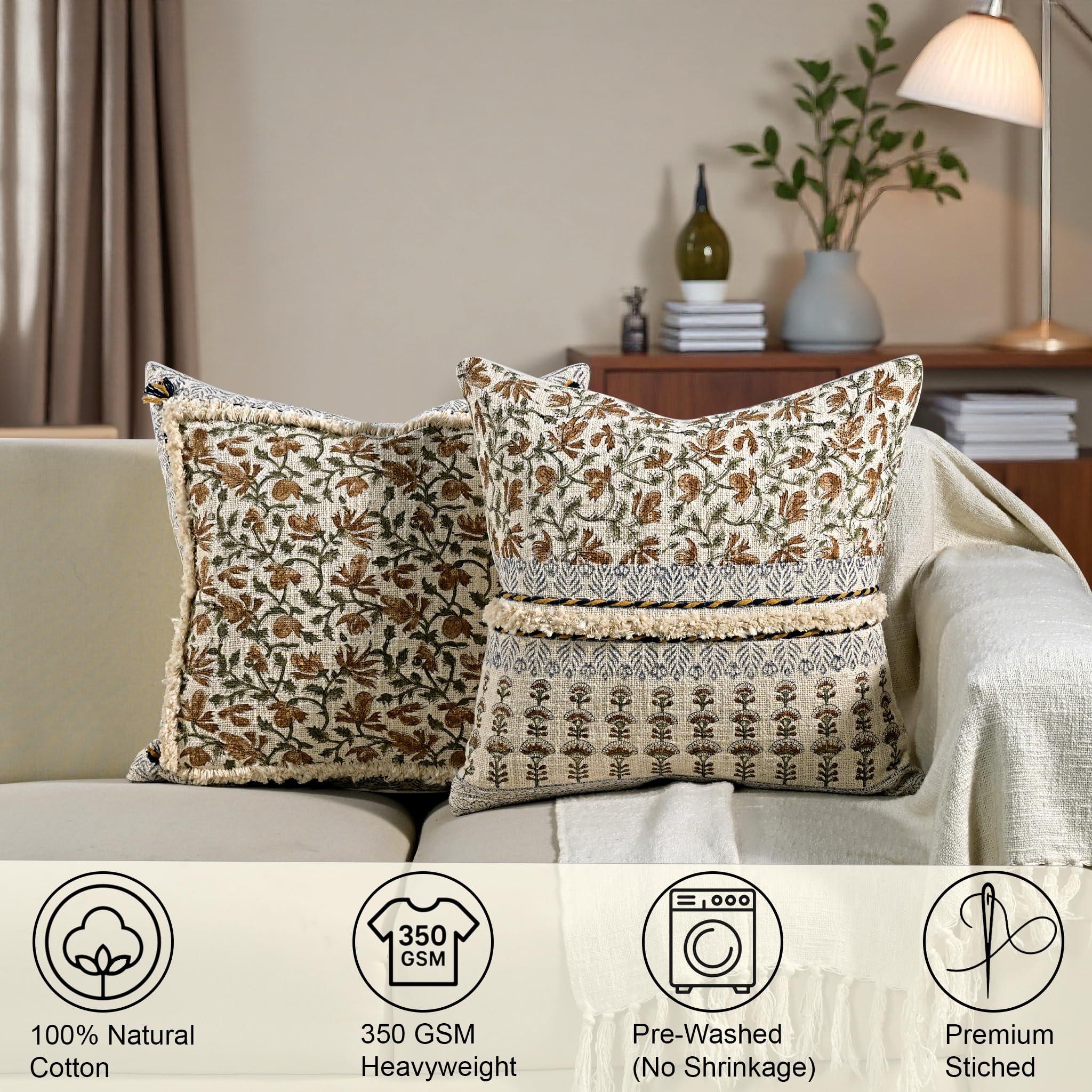 Hand Block Print Cotton Throw Pillow Cover - Amber Fern Garden