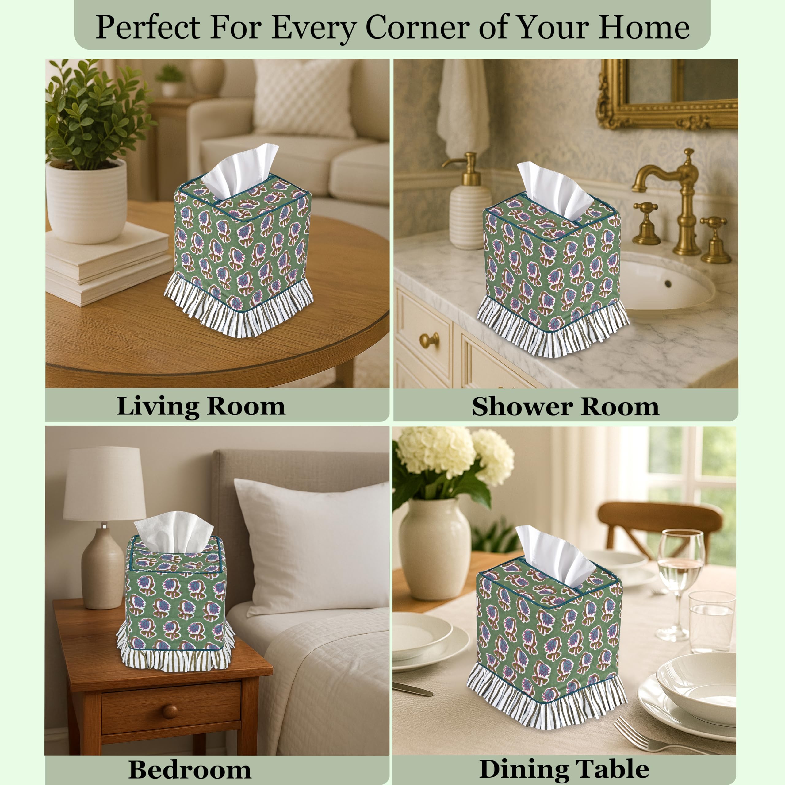 Hand Block Print Cotton Tissue Box Cover - Basil Green