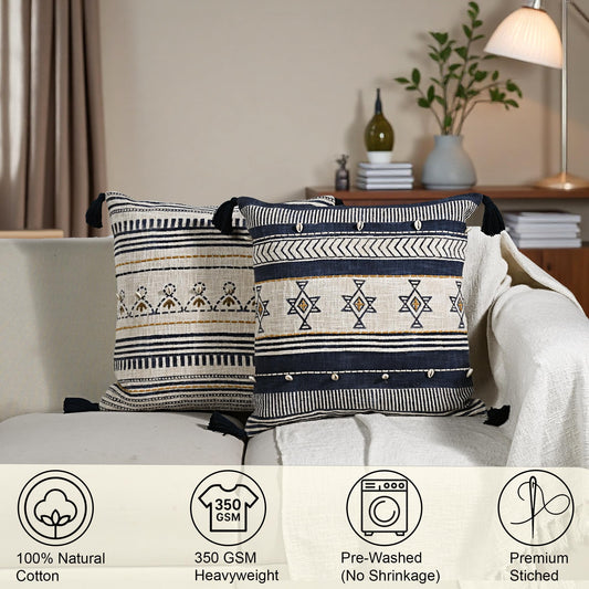 Hand Block Print Cotton Throw Pillow Cover - Off White Navy Gold