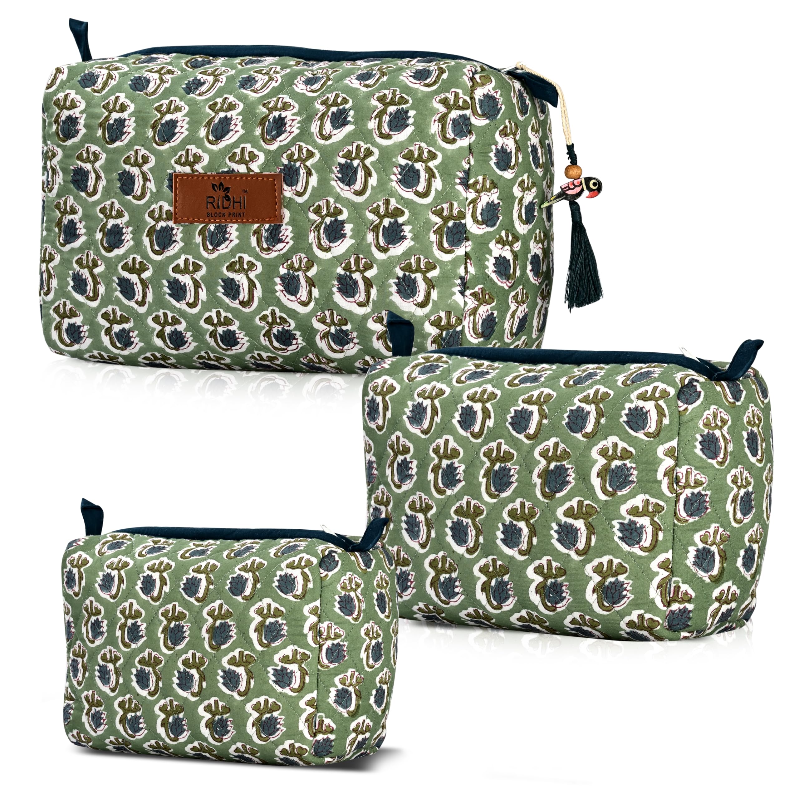 Hand Block Print Cotton Cosmetic Bag - Basil Green