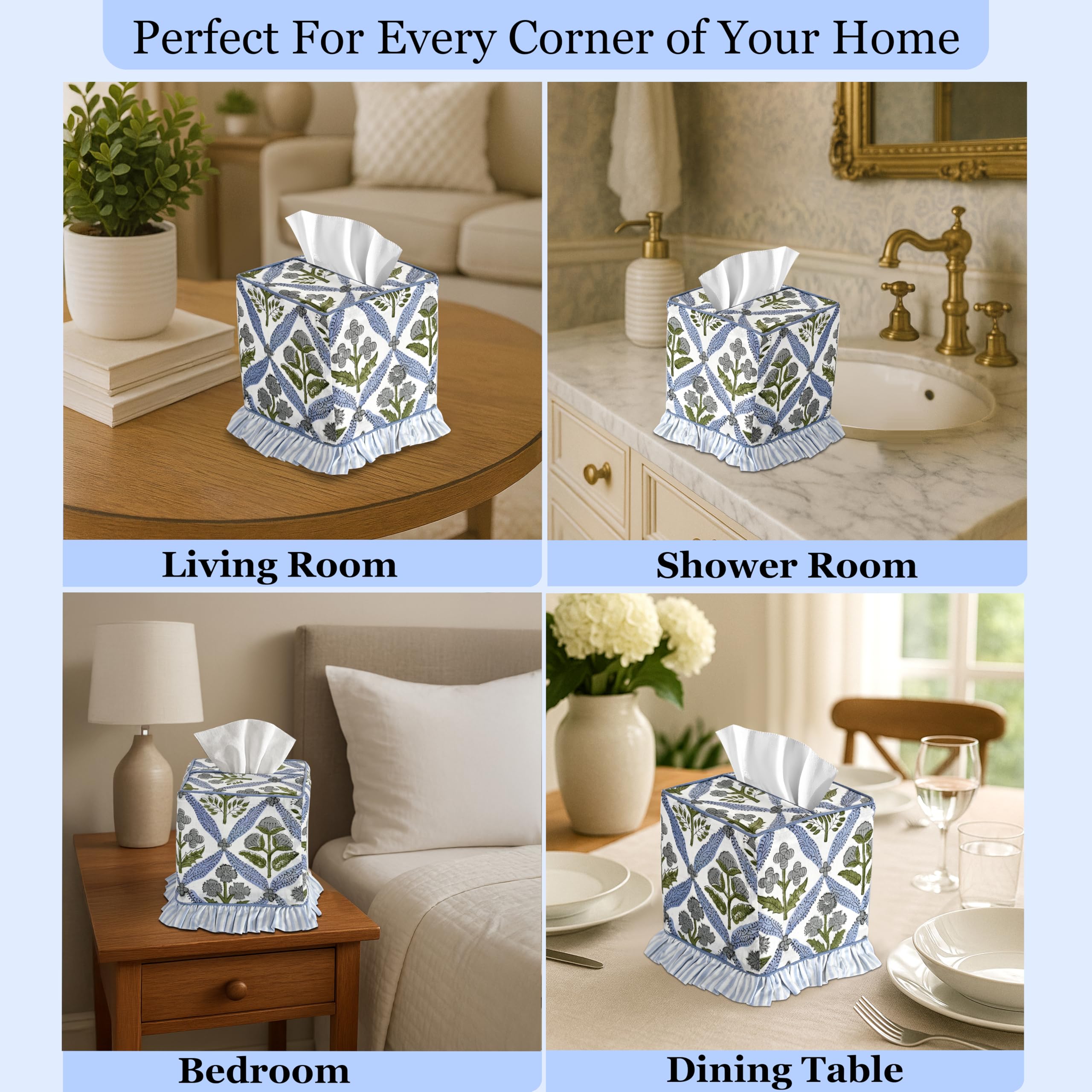 Hand Block Print Cotton Tissue Box Cover - Light Steel Blue