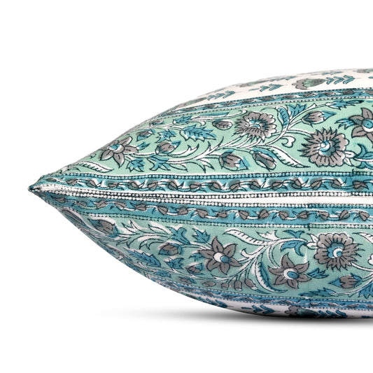 Hand Block Print Cotton Throw Pillow Cover - Aquamarine Blue